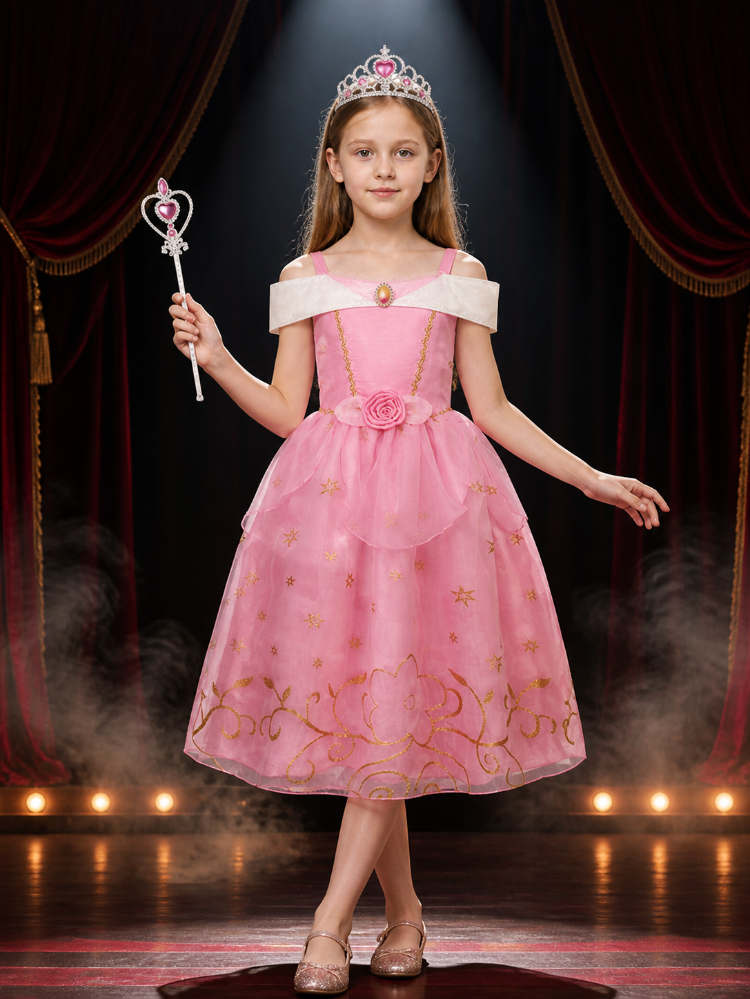 Girls Princess Costume Set - Pink Tulle Dress, Crown & Wand, Gold Star Decor for Costume Dresses detail 3