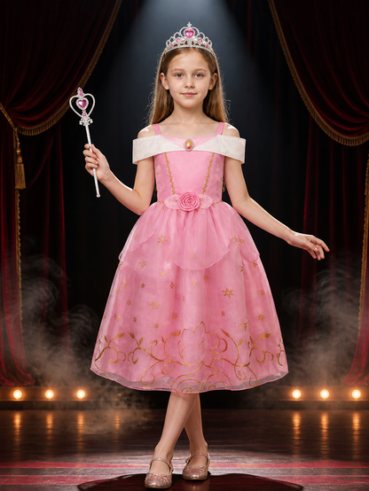 Girls Princess Costume Set - Pink Tulle Dress, Crown & Wand, Gold Star Decor for Costume Dresses detail 3