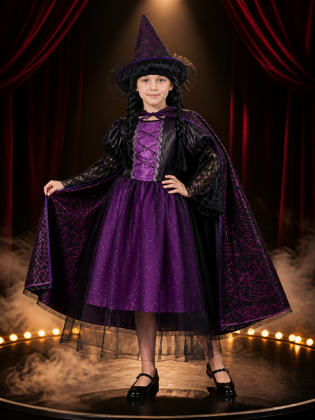 Girls Gothic Witch Vampire Costume Set - Black Purple Lace Tulle Dress with Costume Dresses detail 3
