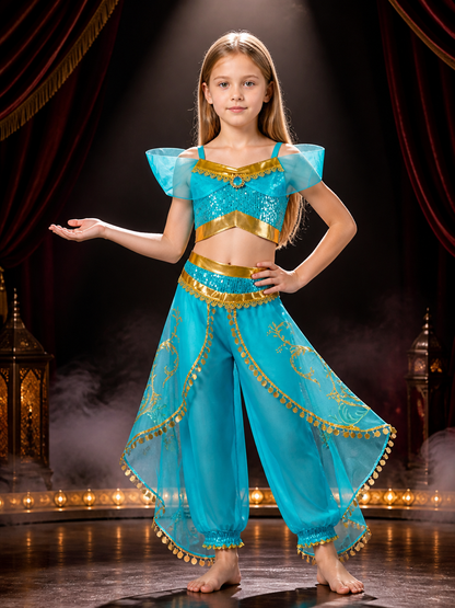 Girls Arabian Princess Halloween Costume Set, Sequined Top and Harem Pants Costumes detail 3