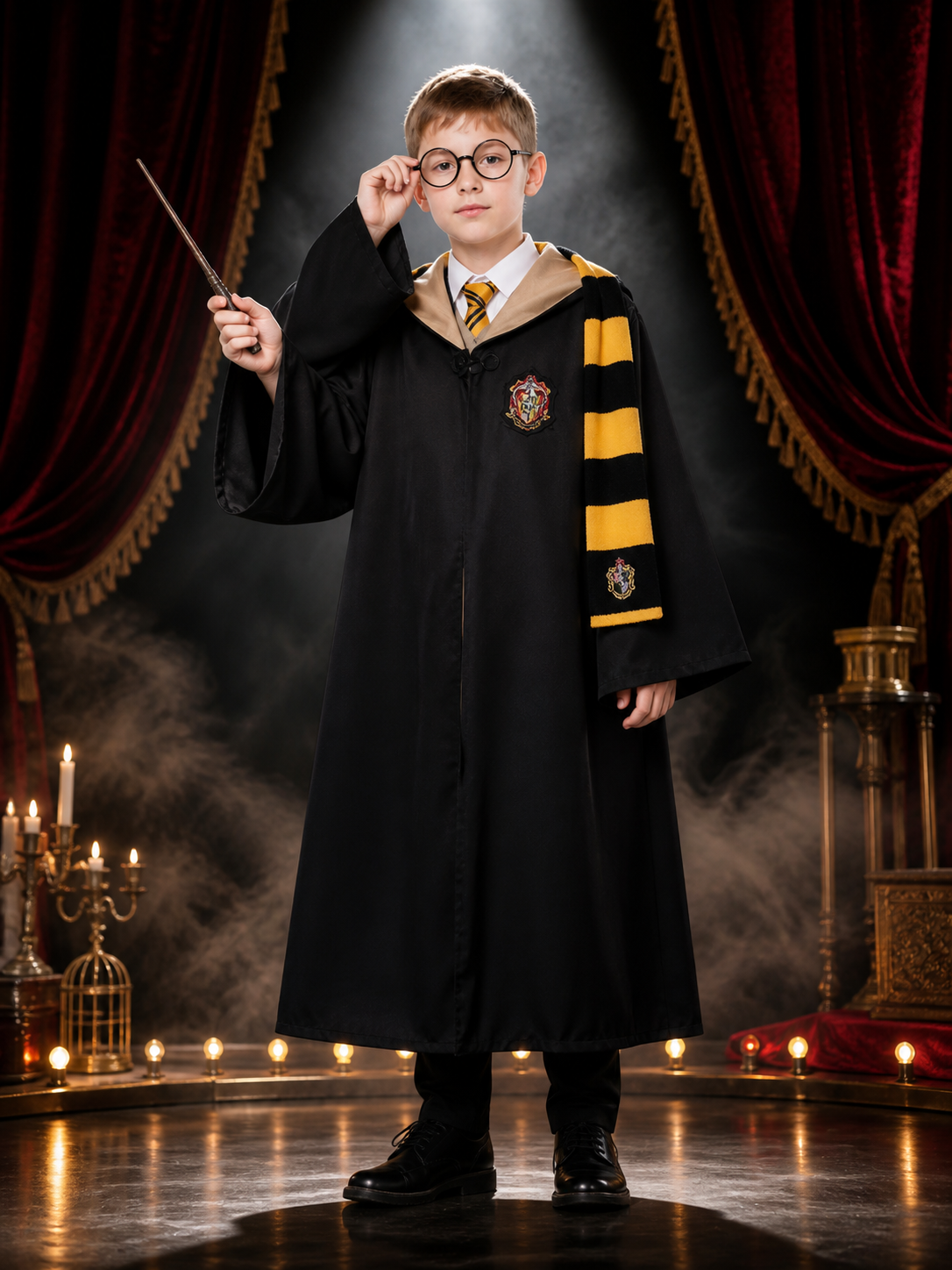 Wizard School Robe Costume Set, Chest Badge, Hooded Collar, Yellow Black Tie & Costumes detail 3