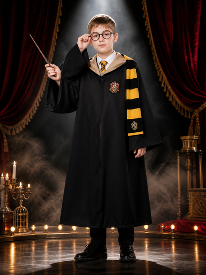 Wizard School Robe Costume Set, Chest Badge, Hooded Collar, Yellow Black Tie & Costumes detail 3