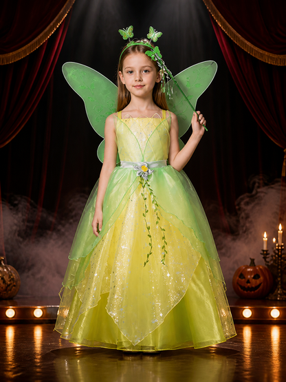 Girls Fairy Princess Dress Costume with Translucent Wings, Green Yellow Ombre Costume Dresses detail 3