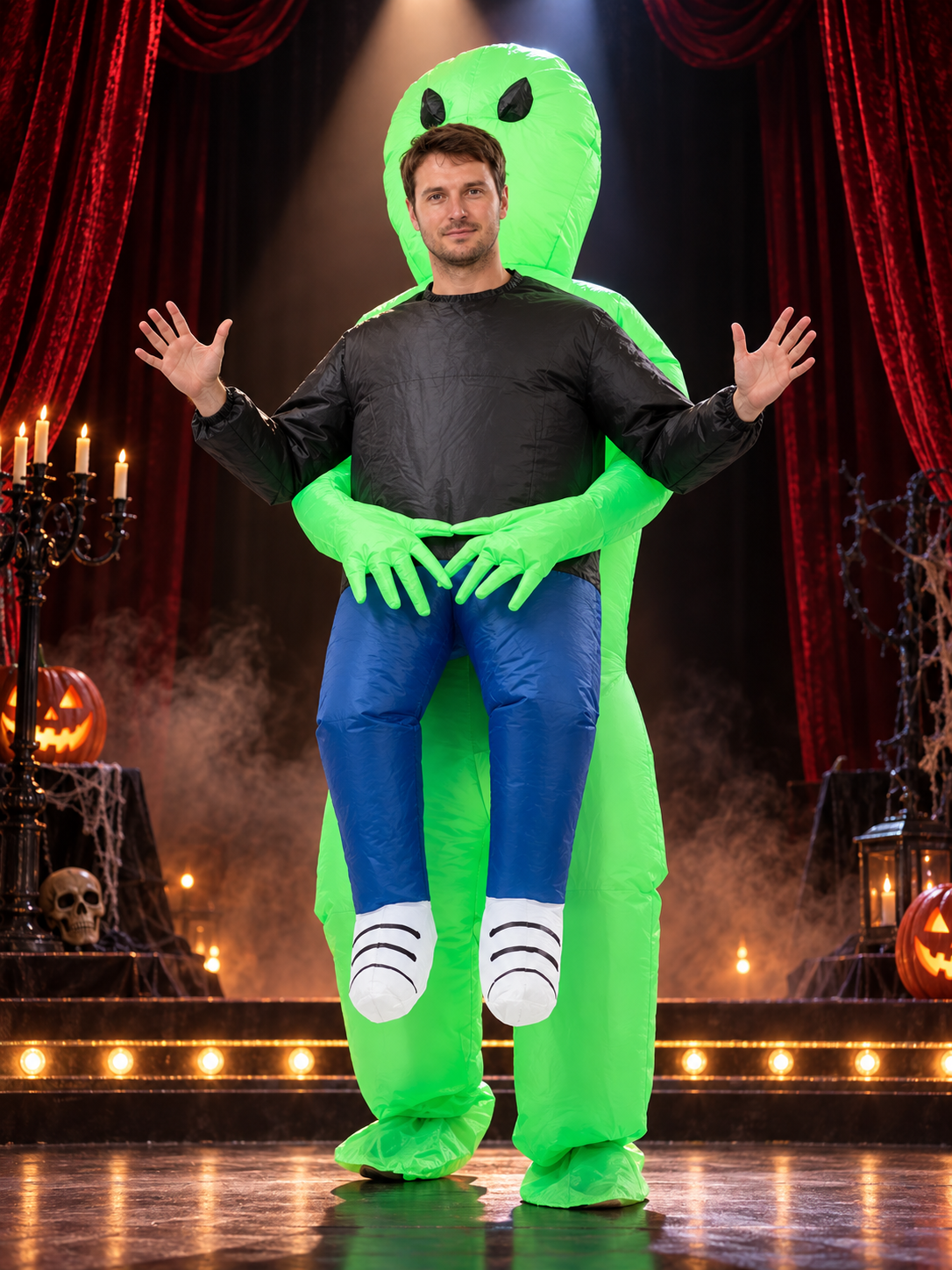 Green inflatable alien costume with black eyes