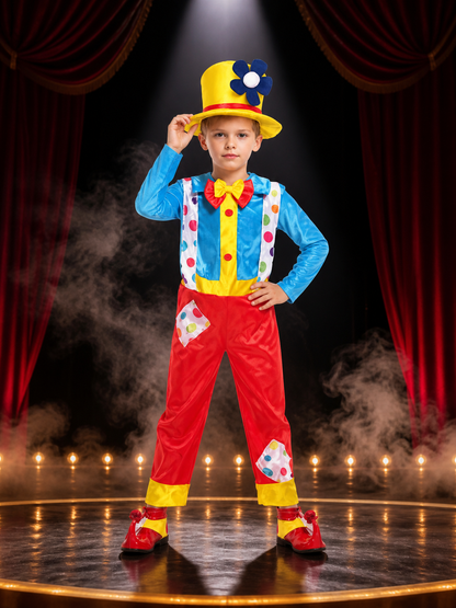 Boys' Colorful Clown Circus Costume Set with Jumpsuit and Tall Hat Costume Headwear detail 3