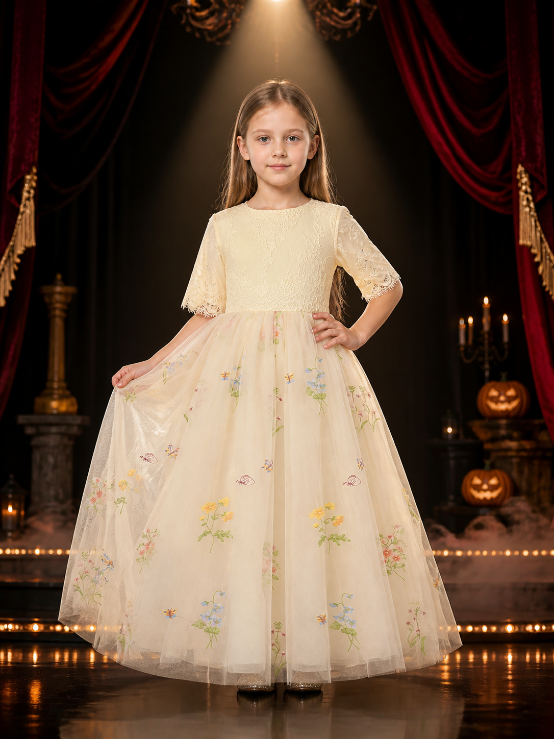 Girls' Princess Dress, Lace Bodice, Layered Tulle Skirt With Floral Butterfly Costume Dresses detail 3