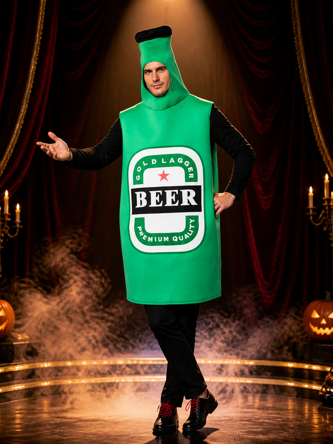 Adult Unisex Beer Bottle Costume, Sleeveless One-Piece Outfit with Bottle Cap Costume Headwear detail 3