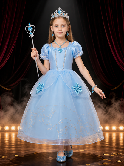 Girls Princess Costume Dress with Crown, Wand & Jewelry Set - Blue Sparkly Costume Dresses detail 3