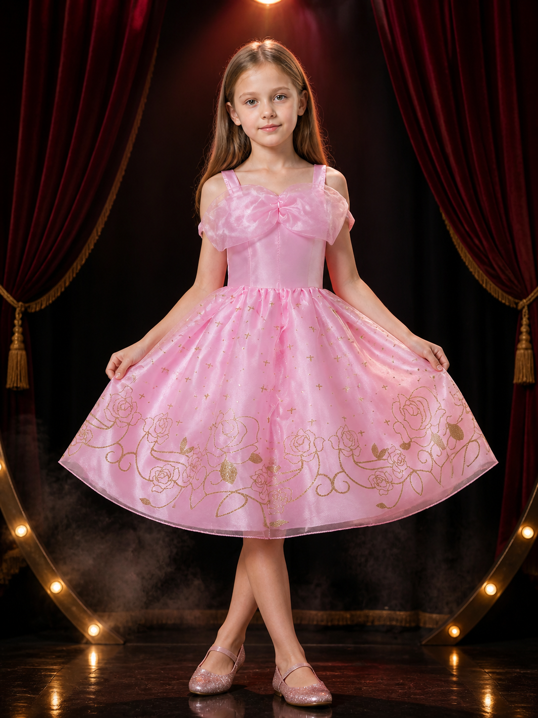 Girls Pink Princess Costume Dress, Tutu with Bow and Gold Star Rose Print Costume Dresses detail 3