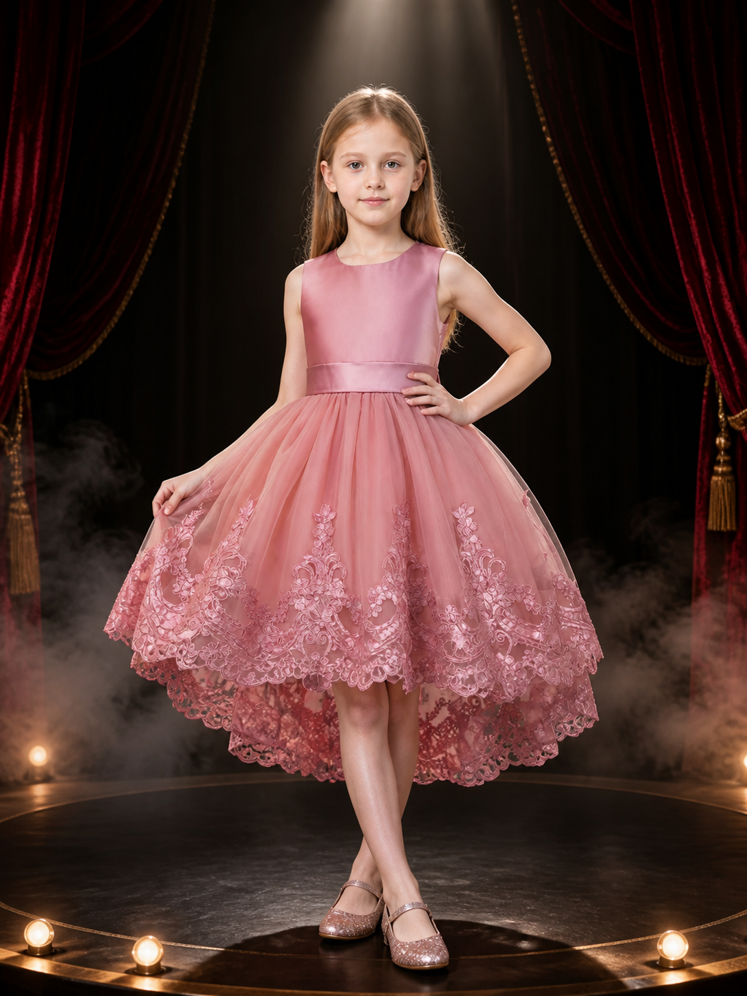 Girls' Dusty Pink Princess Flower Girl Dress, Lace-Embroidered Tulle Gown Costume Dresses detail 3