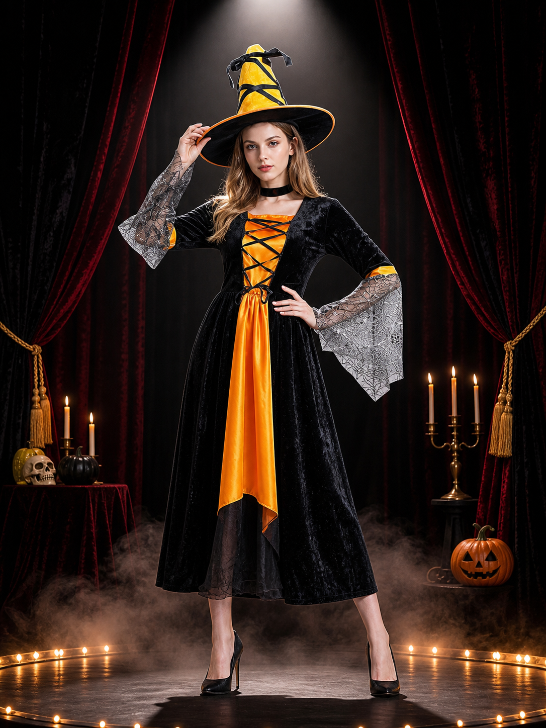 Women's Sexy Witch Costume Set with Hat and Sleeves, Black Orange Long Dress Costume Dresses detail 3