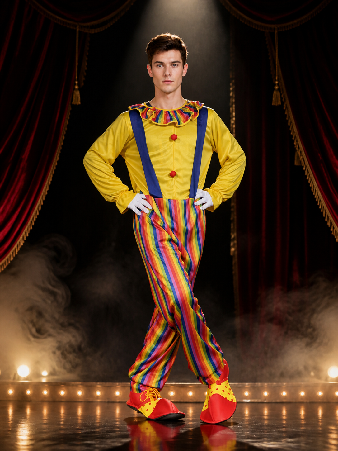 Adult Clown Jumpsuit Costume, Colorful Striped Halloween Outfit with Suspenders Costumes detail 3