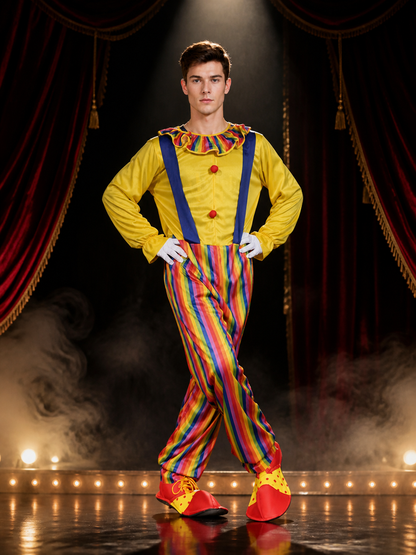 Adult Clown Jumpsuit Costume, Colorful Striped Halloween Outfit with Suspenders Costumes detail 3
