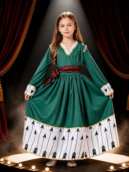 Kids Princess Costume Dress with Arrow Print and Gold Trim, Long Sleeve Party on-model stage scene view