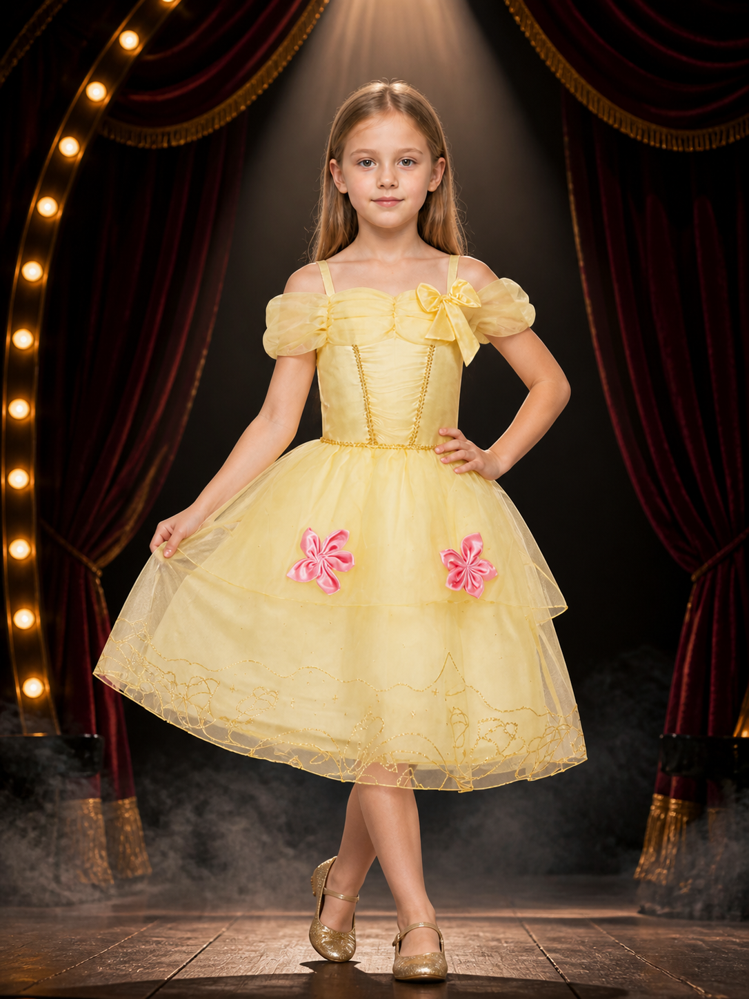 Girls Princess Costume Dress, Light Yellow Party Dress With Bow, Puff Sleeves Costume Dresses detail 3