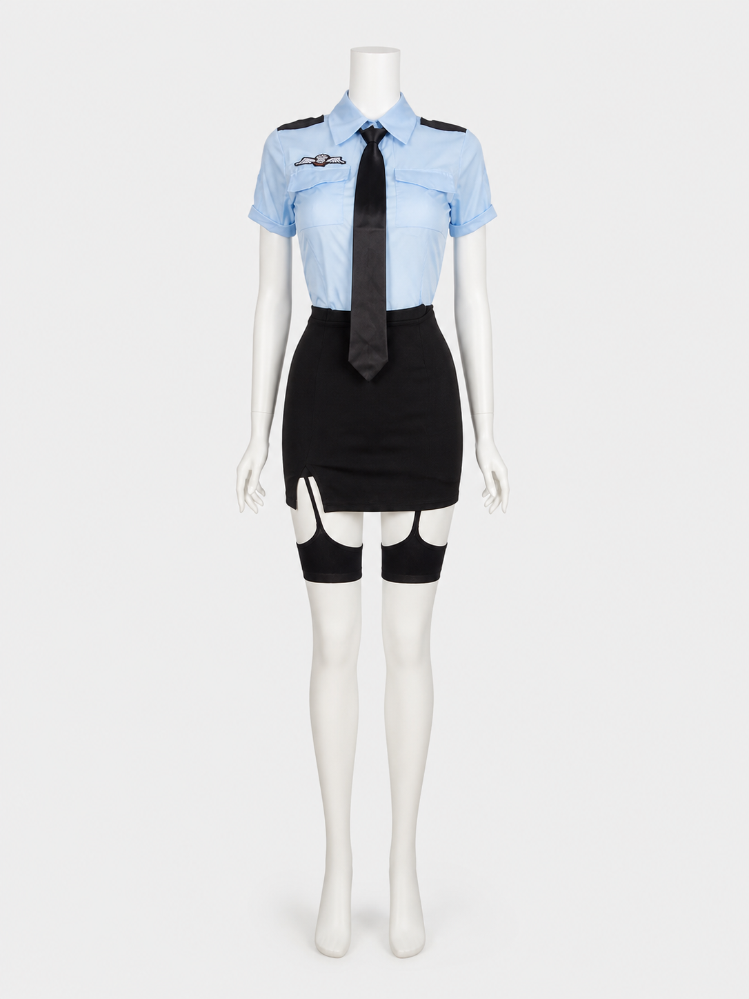 Women's Police Officer Cosplay Costume, Light Blue & Black Short Sleeve Uniform Costumes detail 3