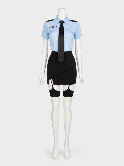 Women's Police Officer Cosplay Costume, Light Blue & Black Short Sleeve Uniform Costumes detail 3