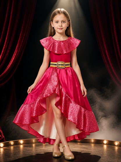 Girls' Pink Princess Costume Dress with Ruffle Collar and Gold Waistband for Costume Dresses detail 3