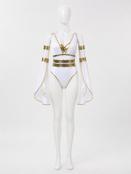 Athena Greek Goddess Halloween Costume Bodysuit Set With Gold Sequins And Deep Costumes detail 3