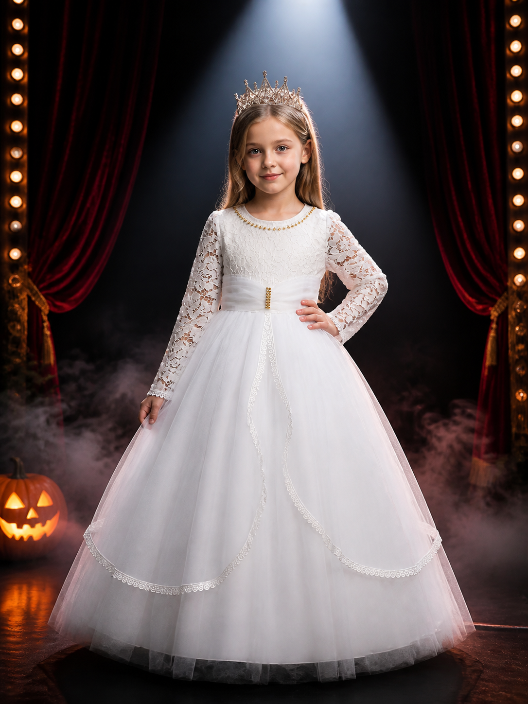 Girls' White Lace Long-Sleeve Princess Dress with Layered Tulle Skirt Costume Dresses detail 3