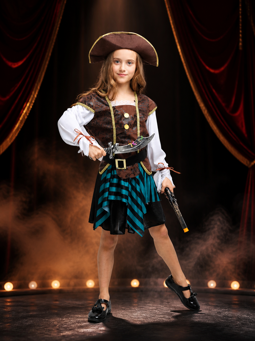 Kids Pirate Captain Costume Set with Striped Skirt, Vest, Hat and Belt Costume Headwear detail 3