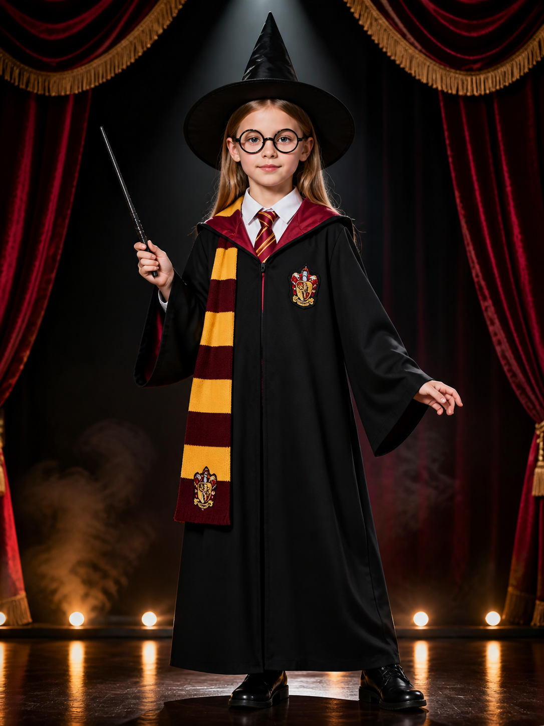 Hooded Wizard Costume Set with Robe, Hat, Scarf, Tie, Glasses, Shirt and Wand Costume Headwear detail 3