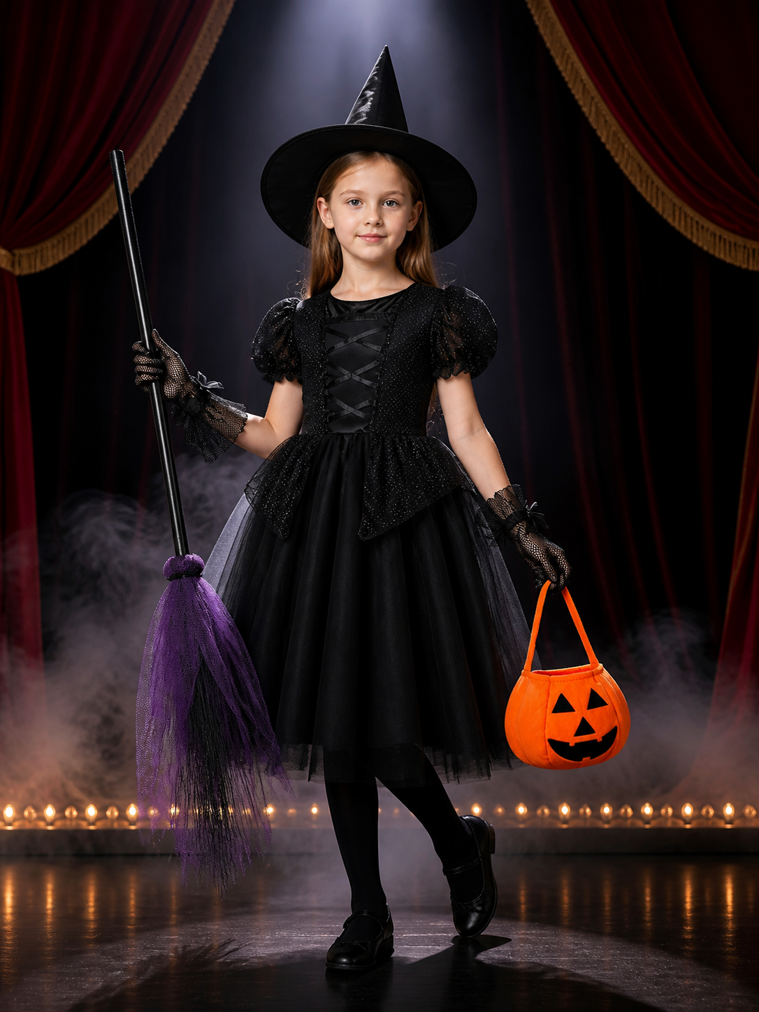 Girls' Witch Costume Set, Black Dress with Hat, Broom, Pumpkin Bag and Tights Costume Dresses detail 3