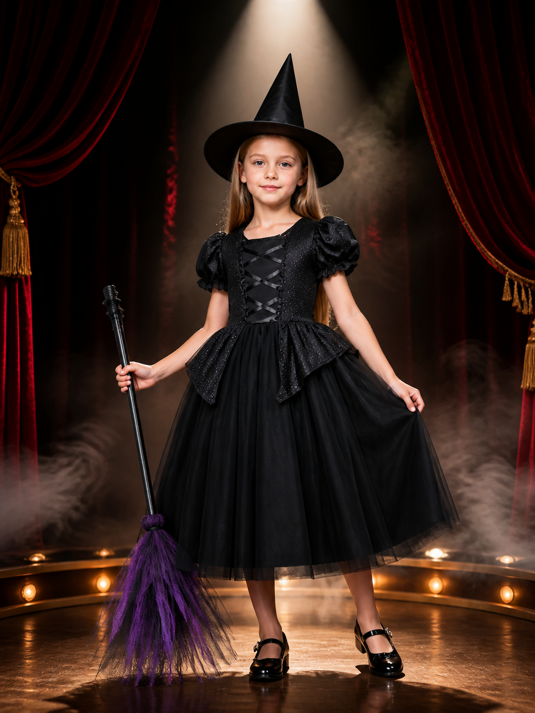 Kids' Witch Costume Set with Hat, Layered Tulle Dress, Halloween Outfit Costume Dresses detail 3