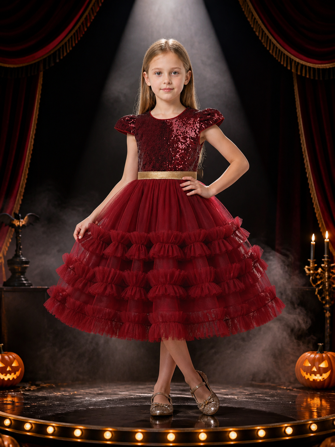 Girls' Dark Red Sequin Princess Dress with Layered Tulle Skirt and Puff Sleeves Costume Dresses detail 3