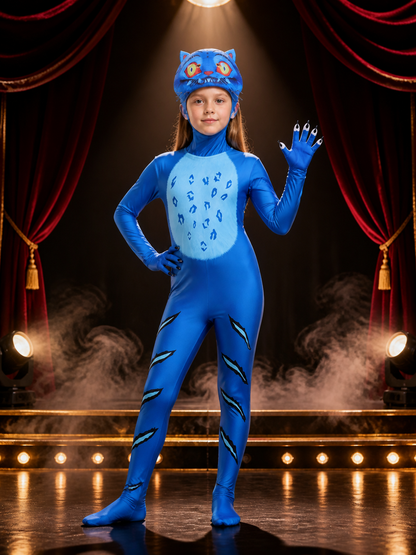 Kids Blue Tiger Animal Costume Bodysuit Set with Hood and Gloves, Paw Print on-model stage scene view