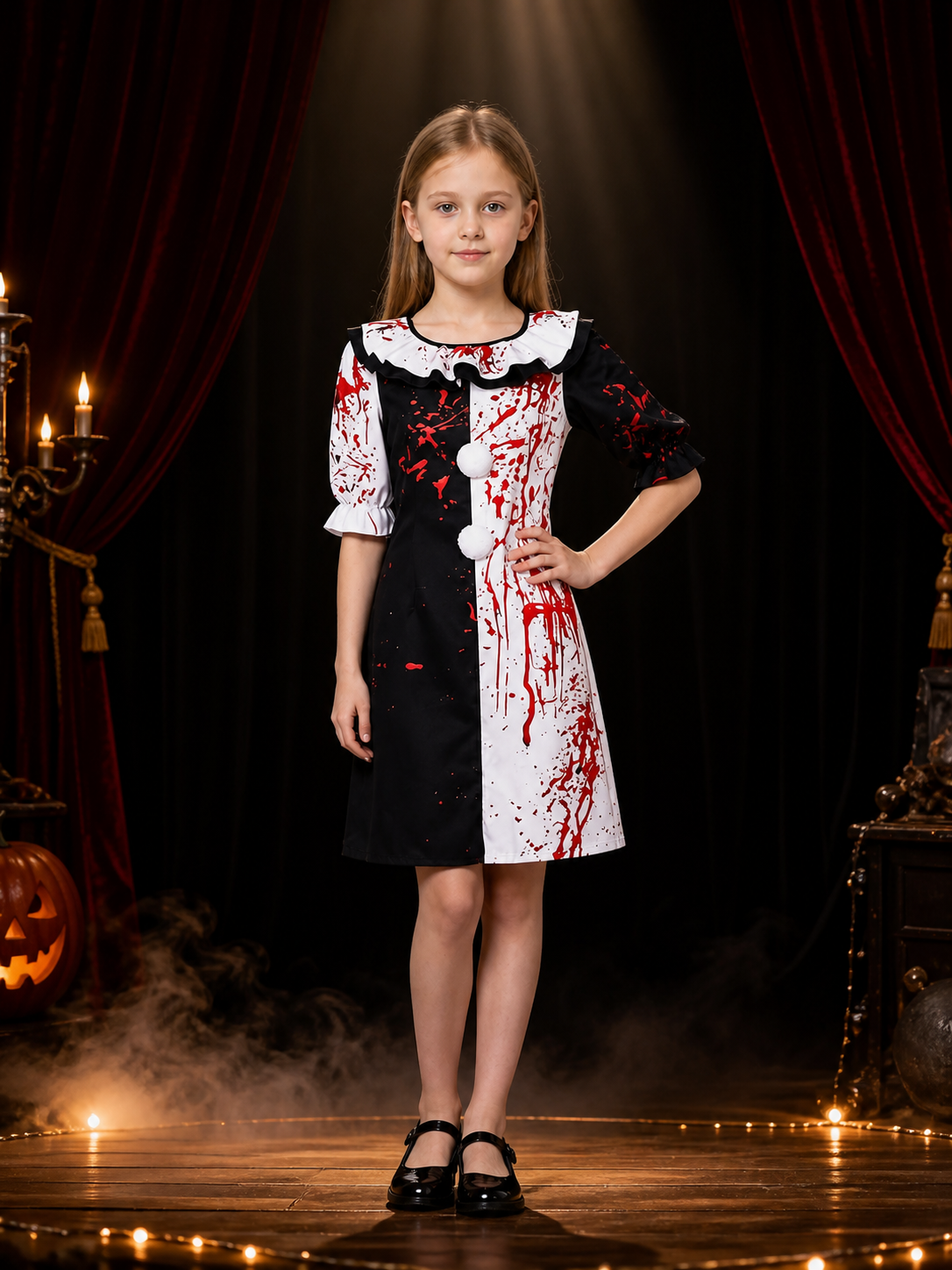 Clown Costume Dress with Blood Splatter Print, Black and White Ruffle on-model stage scene view
