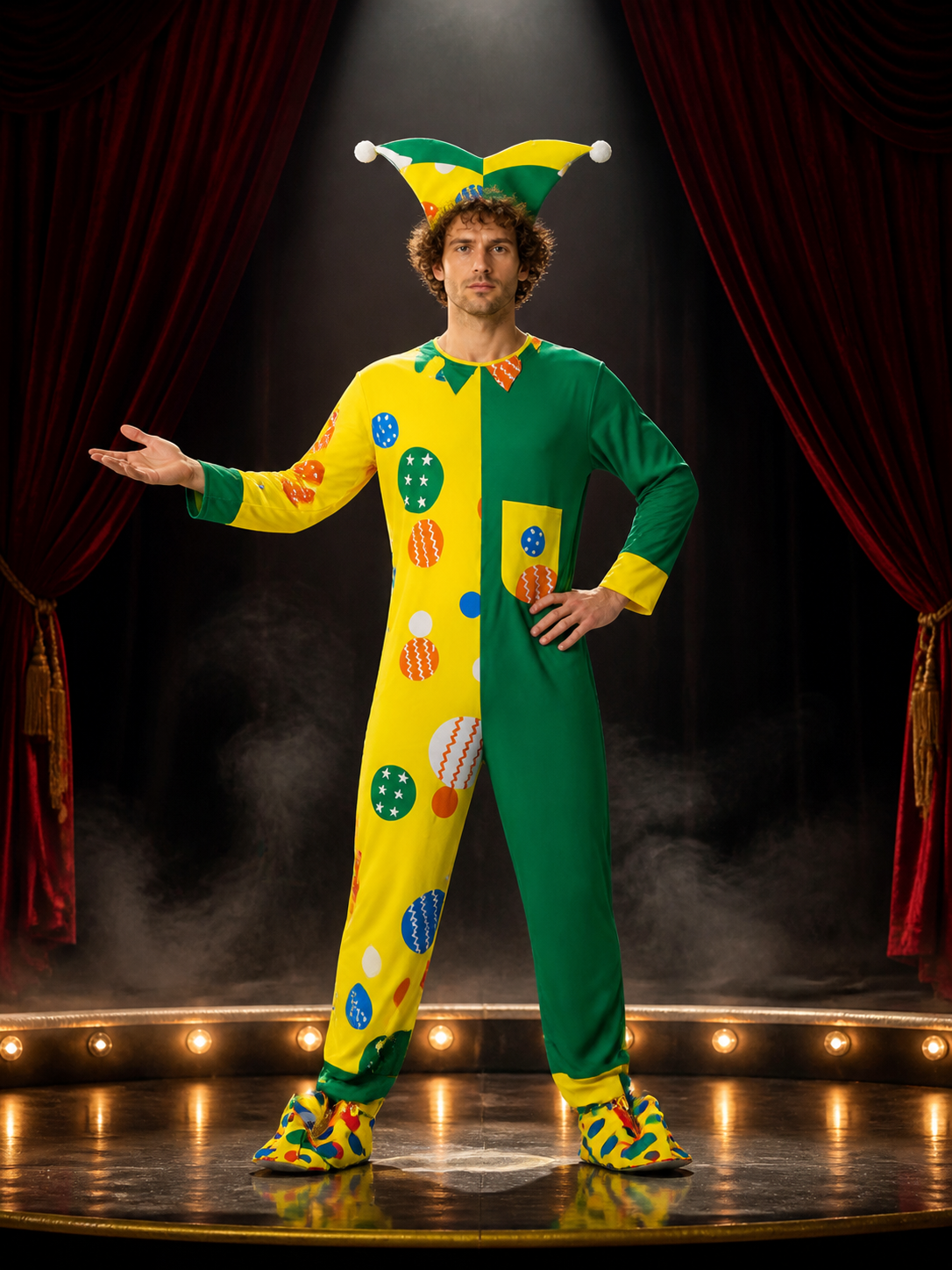 Unisex Adult Clown Bodysuit Costume with Multi-Pointed Hat, Yellow Green Split Costume Headwear detail 3