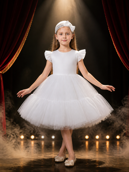Girls' White Princess Dress With Puff Sleeves, Bow Details And Layered Tulle Costume Dresses detail 3