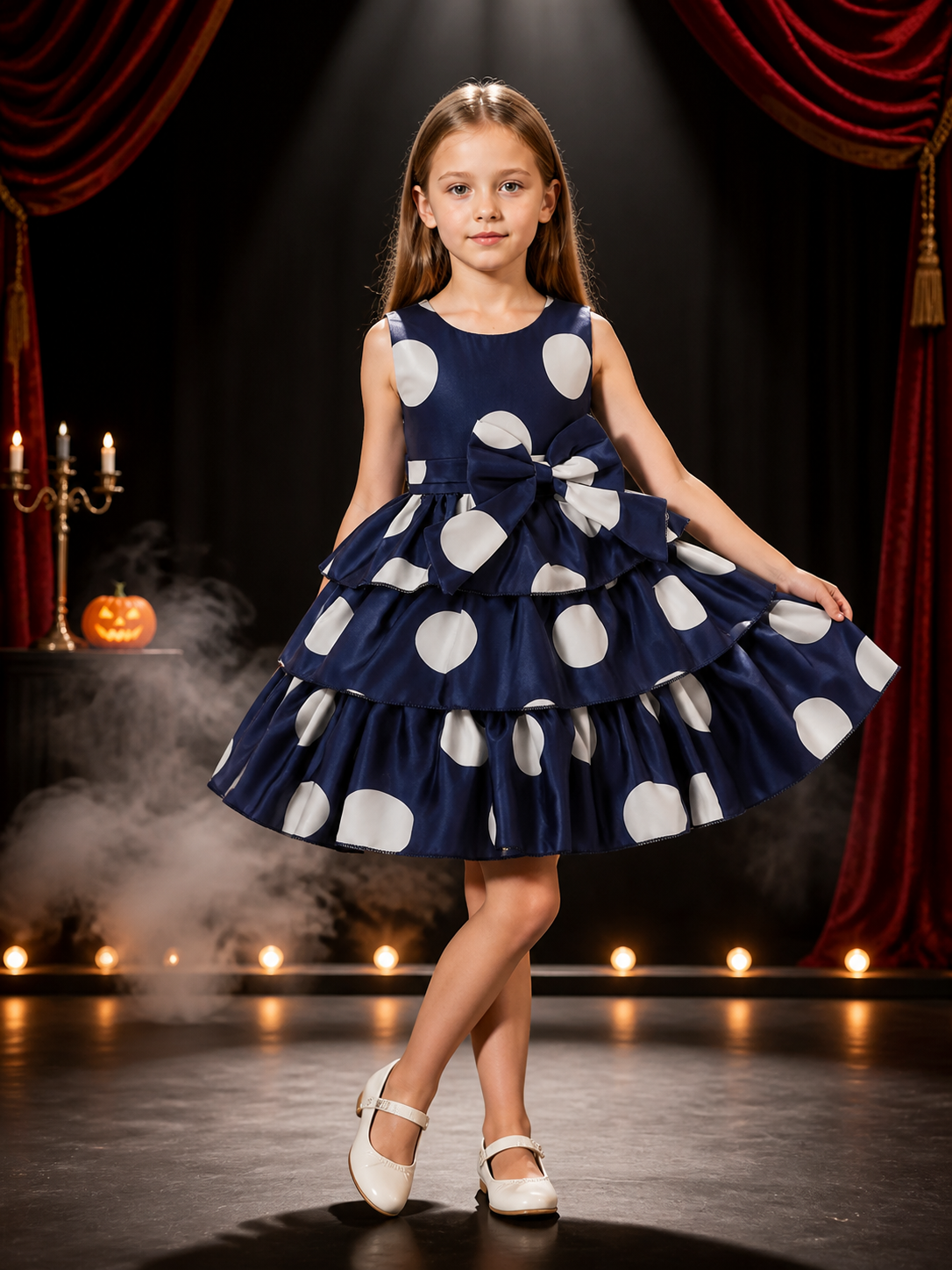 Girls' Navy Polka Dot Princess Dress with Bow and Layered Ruffle Skirt Costume Dresses detail 3