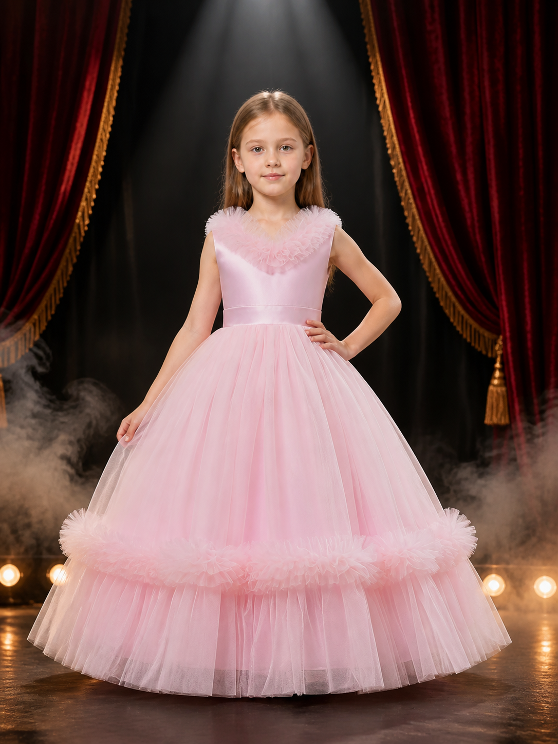 Girls' Pink Princess Formal Dress, Sleeveless V-Neck Ruffle Layered Tulle Gown