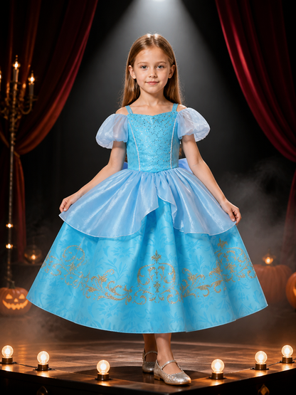 Girls' Blue Princess Dress Costume With Sequined Bodice and Layered Tulle Skirt Costume Dresses detail 3