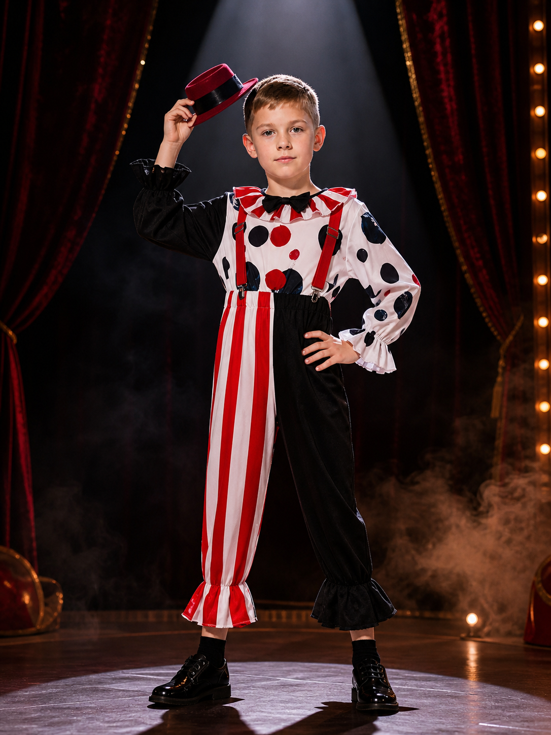 Men's Clown Costume Set With Polka Dot Top, Striped Pants, Hat and Suspenders Costume Headwear detail 3
