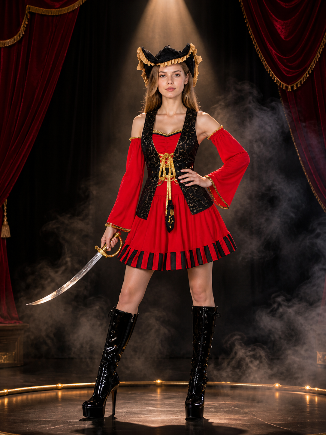 Pirate Halloween Costume Set, Red Black Gold Dress with Hat and Sleeves Costume Dresses detail 3