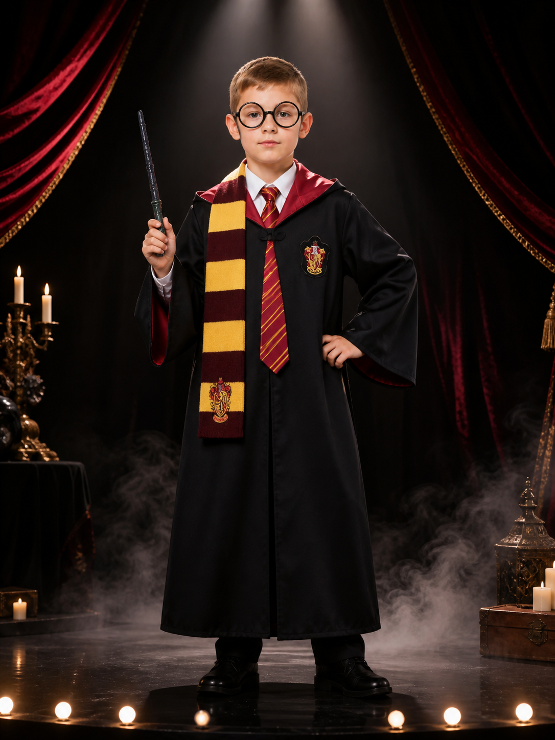 Kids Red and Yellow Hooded Wizard Robe Costume Set with Scarf, Tie, Glasses and Costumes detail 3