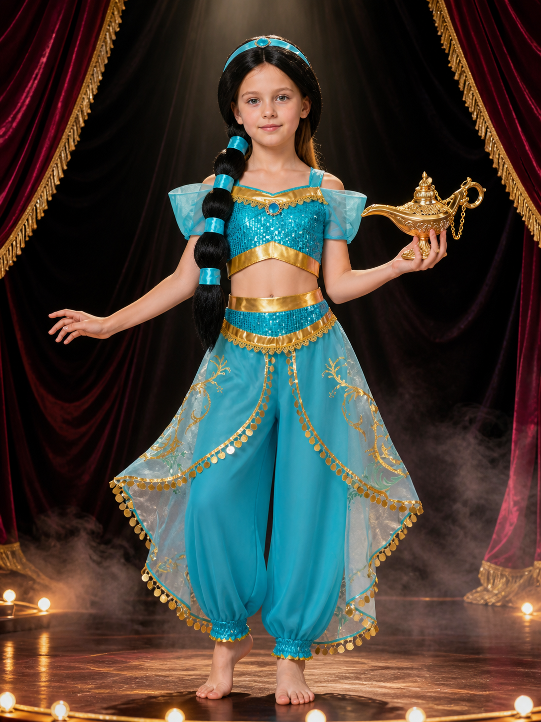 Kids Arabian Princess Sequin Costume Set with Wig, Headpiece and Lamp Prop Costume Wigs detail 3