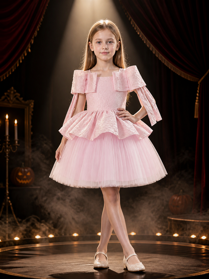 Baby Girls' Pink Princess Dress with Lace Bodice, Ruffle Sleeves and Layered Costume Dresses detail 3