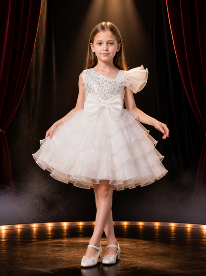 Girls' White Princess Dress with Sequins, Bow, and Layered Ruffle Skirt Costume Dresses detail 3