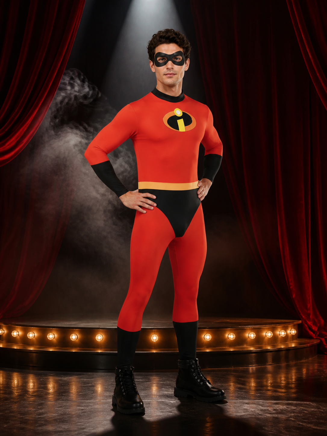 Kids Red Superhero Long Sleeve Bodysuit Halloween Costume, Black & Yellow 'i' Costumes detail 3
