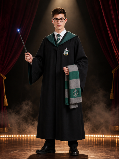Slytherin Wizard Costume Set, Hooded Black Robe With Scarf, Tie, Glasses And Costumes detail 3