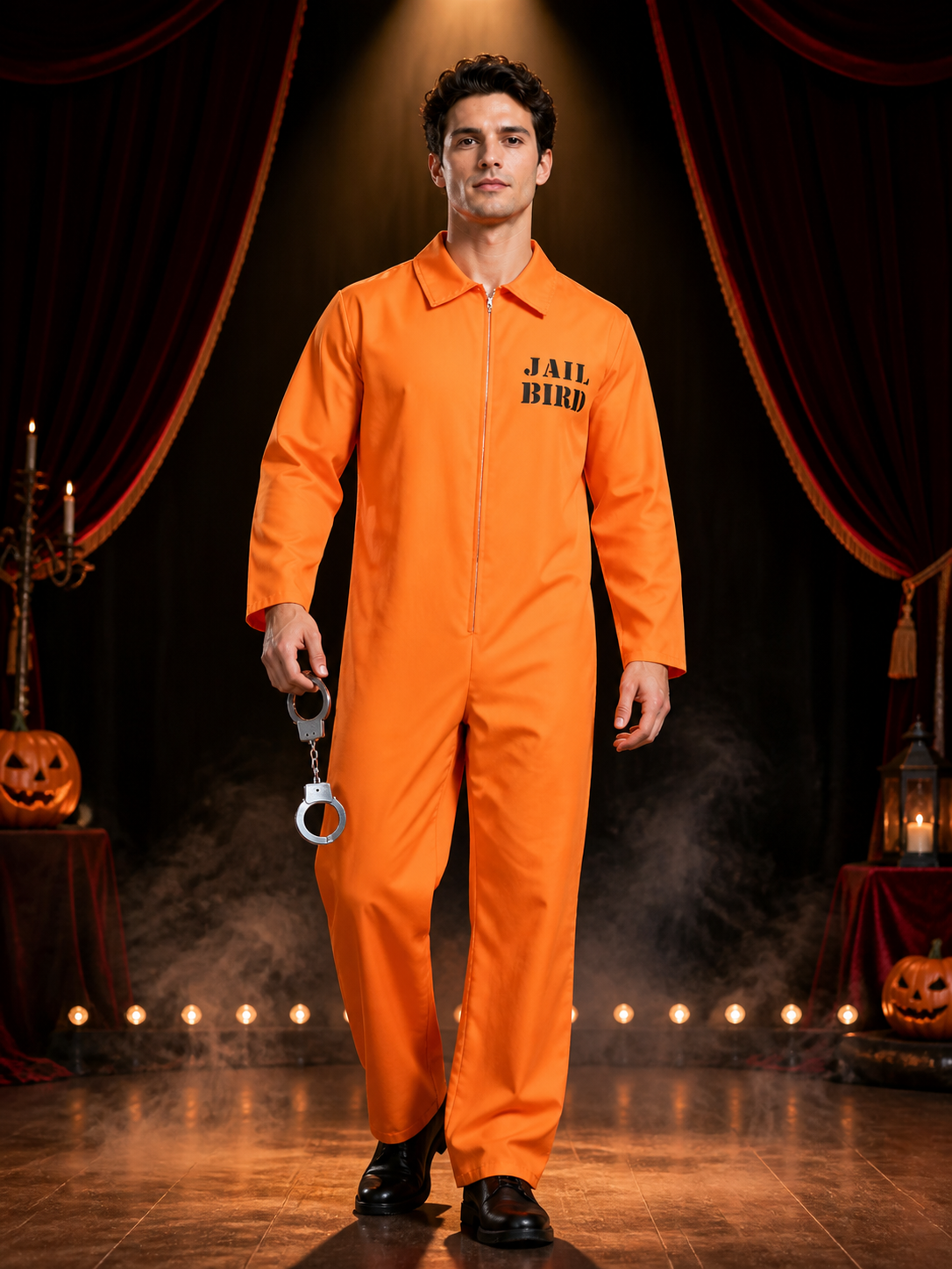 Orange Jail Bird Prison Jumpsuit Costume with Handcuffs Costumes detail 3