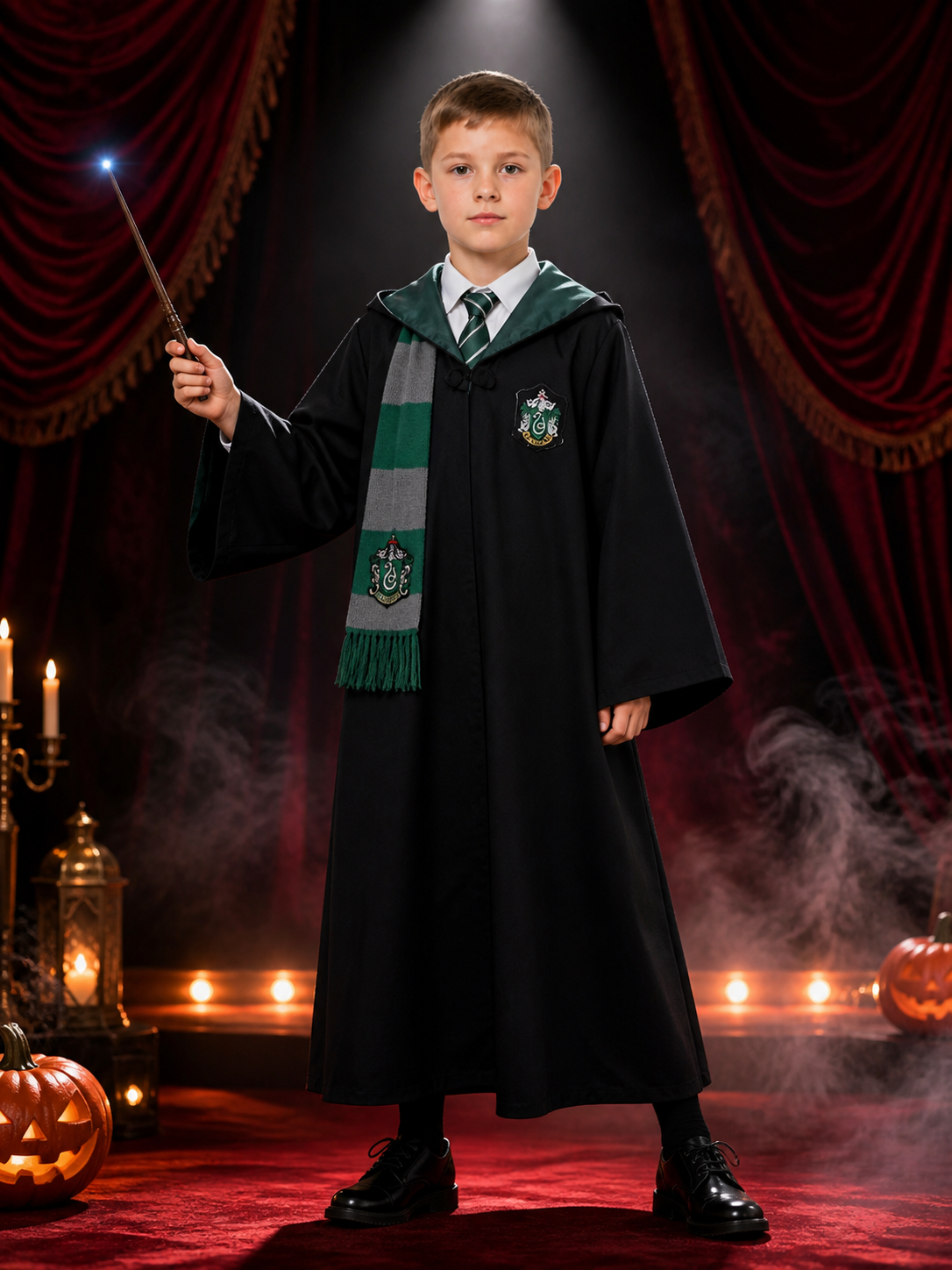 Wizard Costume Set, Hooded Robe With Tie And Scarf, Green And Gray Costumes detail 3