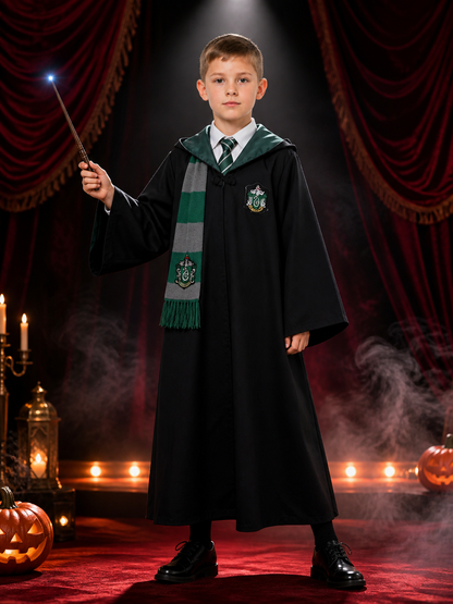Wizard Costume Set, Hooded Robe With Tie And Scarf, Green And Gray Costumes detail 3