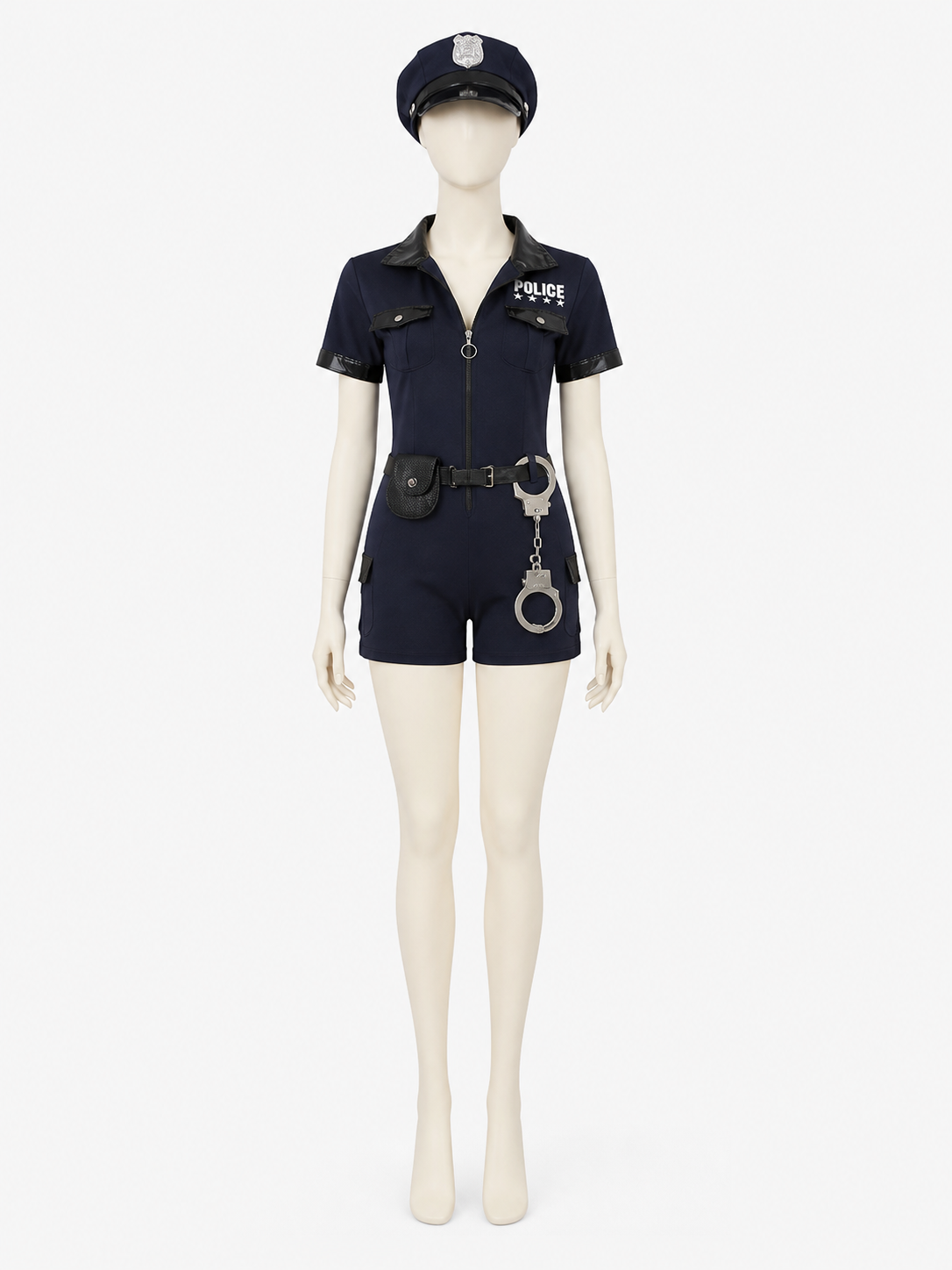 Women's Police Costume Set, Short-Sleeve Jumpsuit with Hat, Belt, Waist Bag and Costume Headwear detail 3