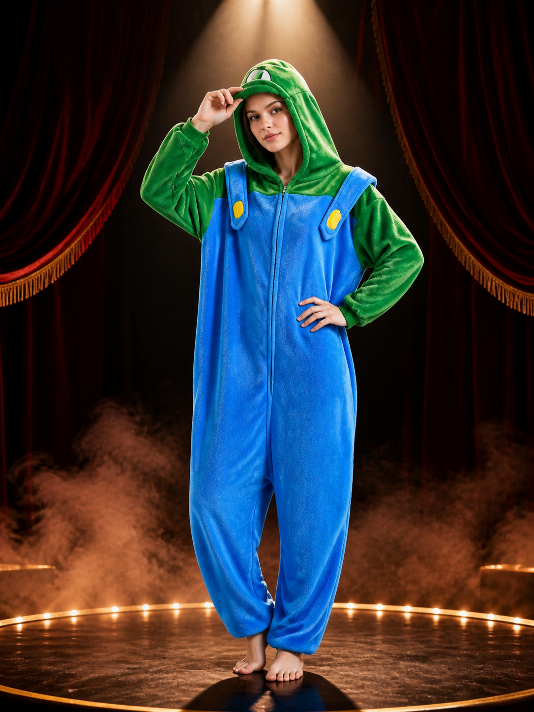 Blue And Green Hooded Cartoon Animal Jumpsuit Costume With Yellow Chest Details Costumes detail 3