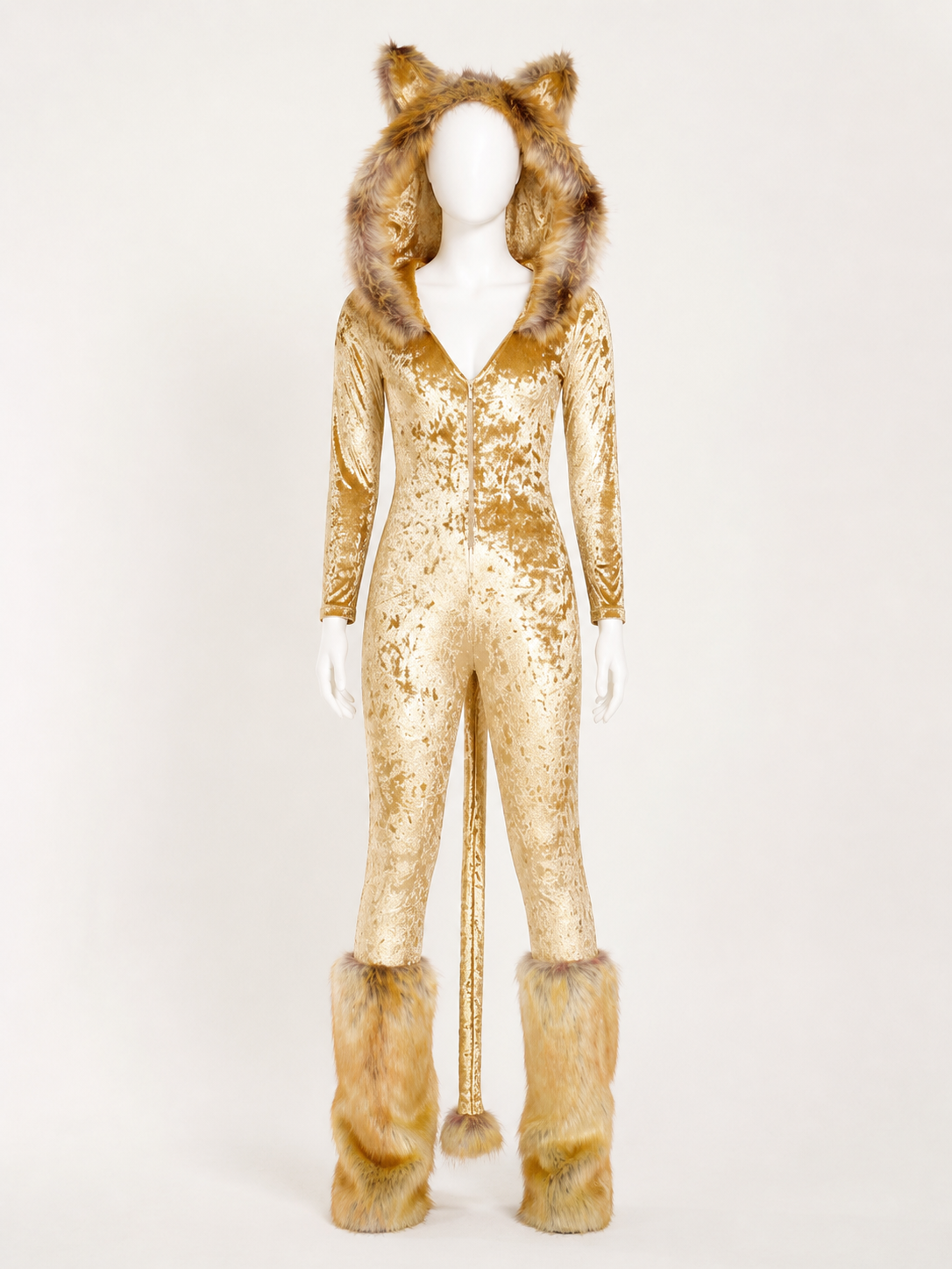 Golden Brown Hooded Animal Jumpsuit Costume with Plush Trim, Halloween Cosplay Costumes detail 3